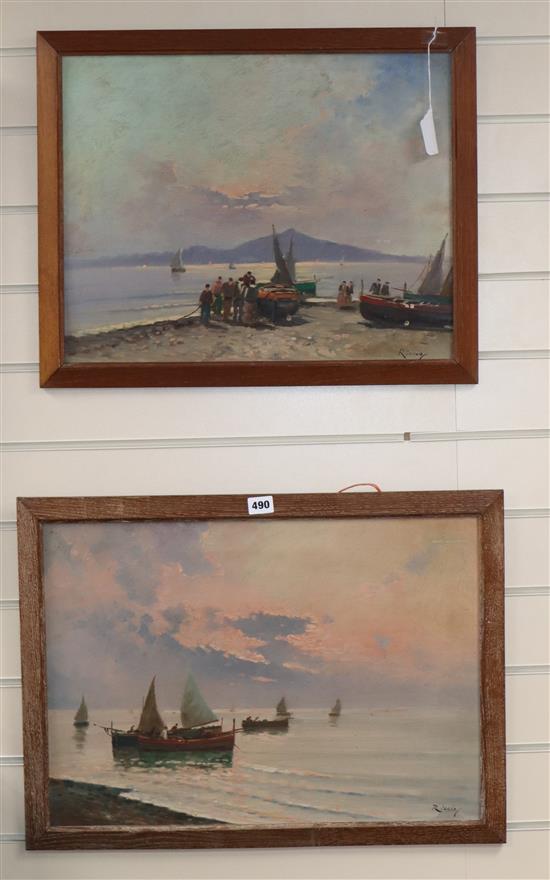 Riccio, 2 oils on board, Neapolitan coastal scenes, signed, 39 x 54cm